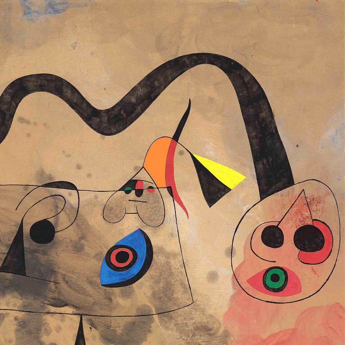 Abstract artwork with wavy lines and colorful shapes on a textured beige background