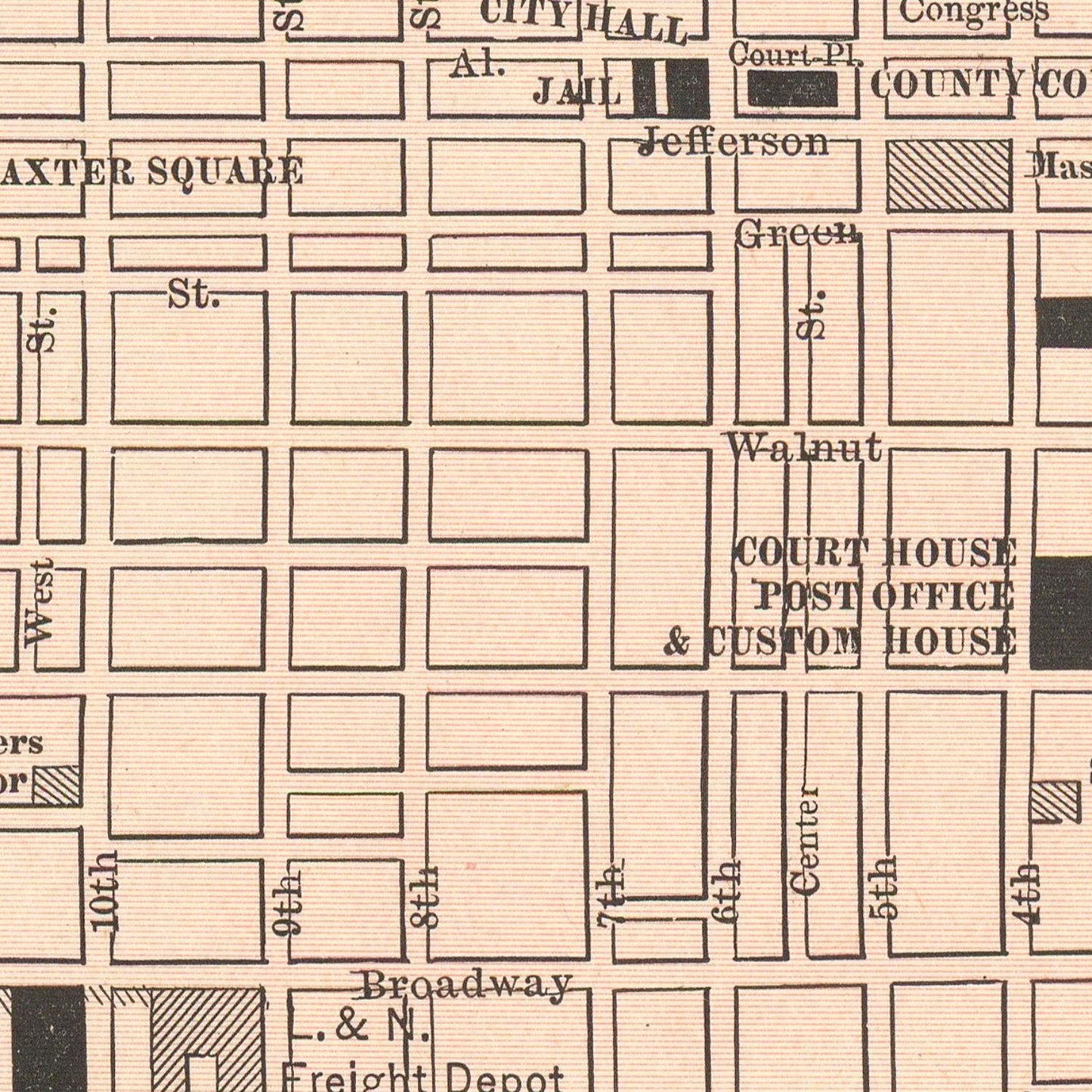 Vintage map of a city layout with street names and landmarks.