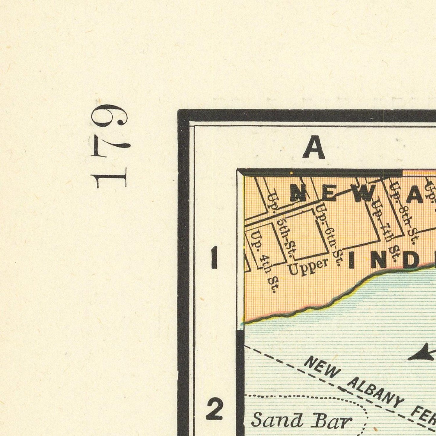 Vintage map section with 'New Albany' and 'Sand Bar' labels on a beige background
