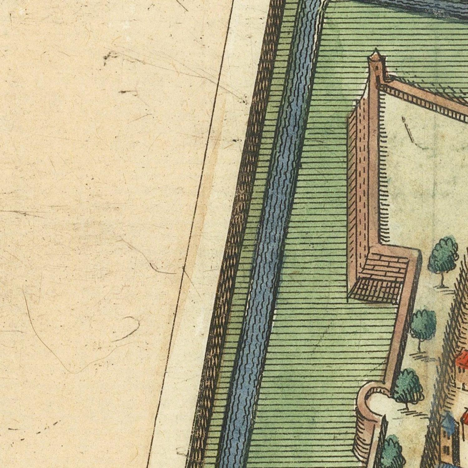 Vintage map detail showing a river and buildings on aged paper