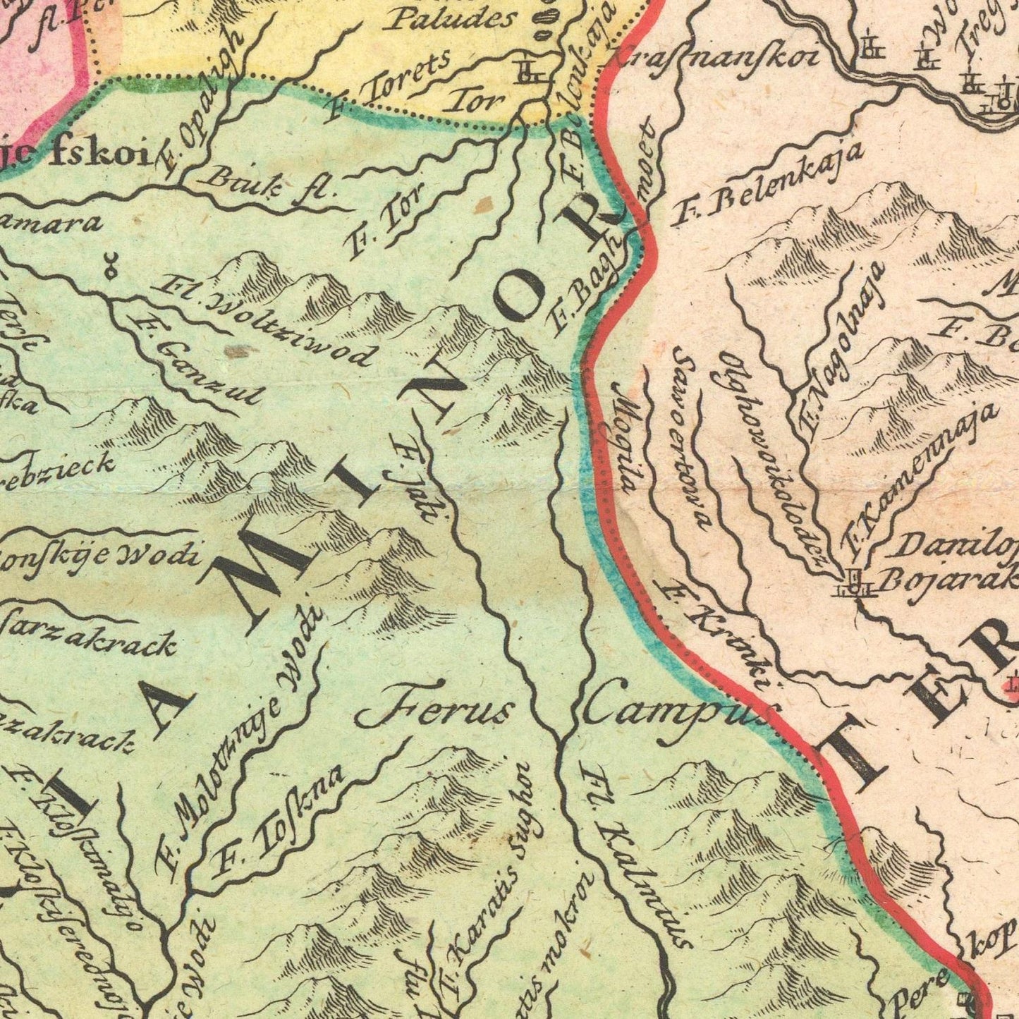Vintage map of a region with mountainous areas and labeled places