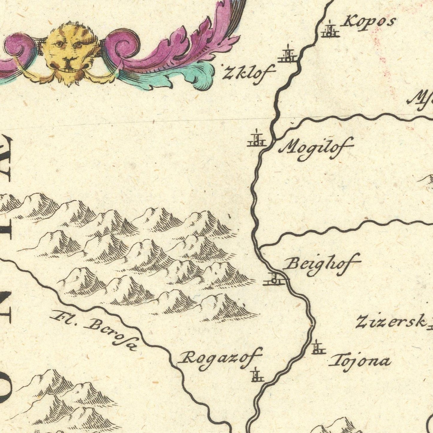 Vintage map with mountainous region and labeled places