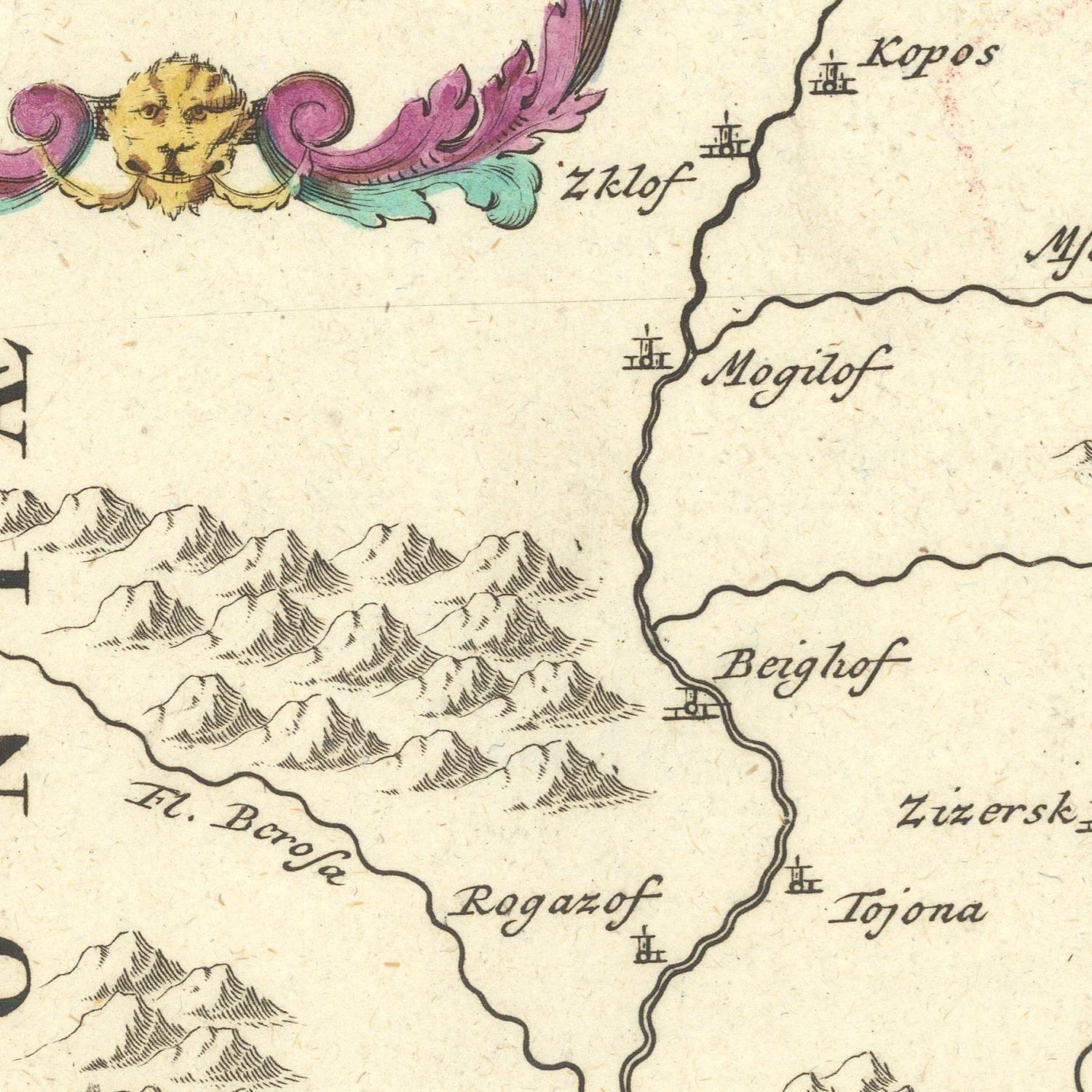 Vintage map with mountainous region and labeled places