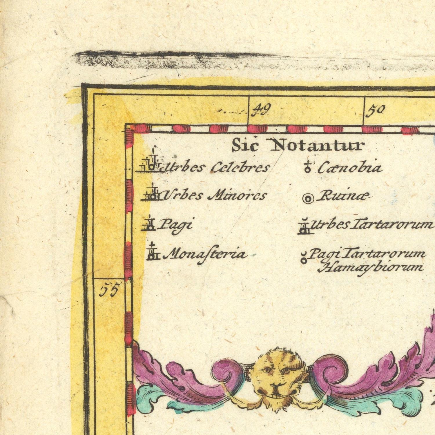 Vintage map corner with decorative elements and text on a yellow background