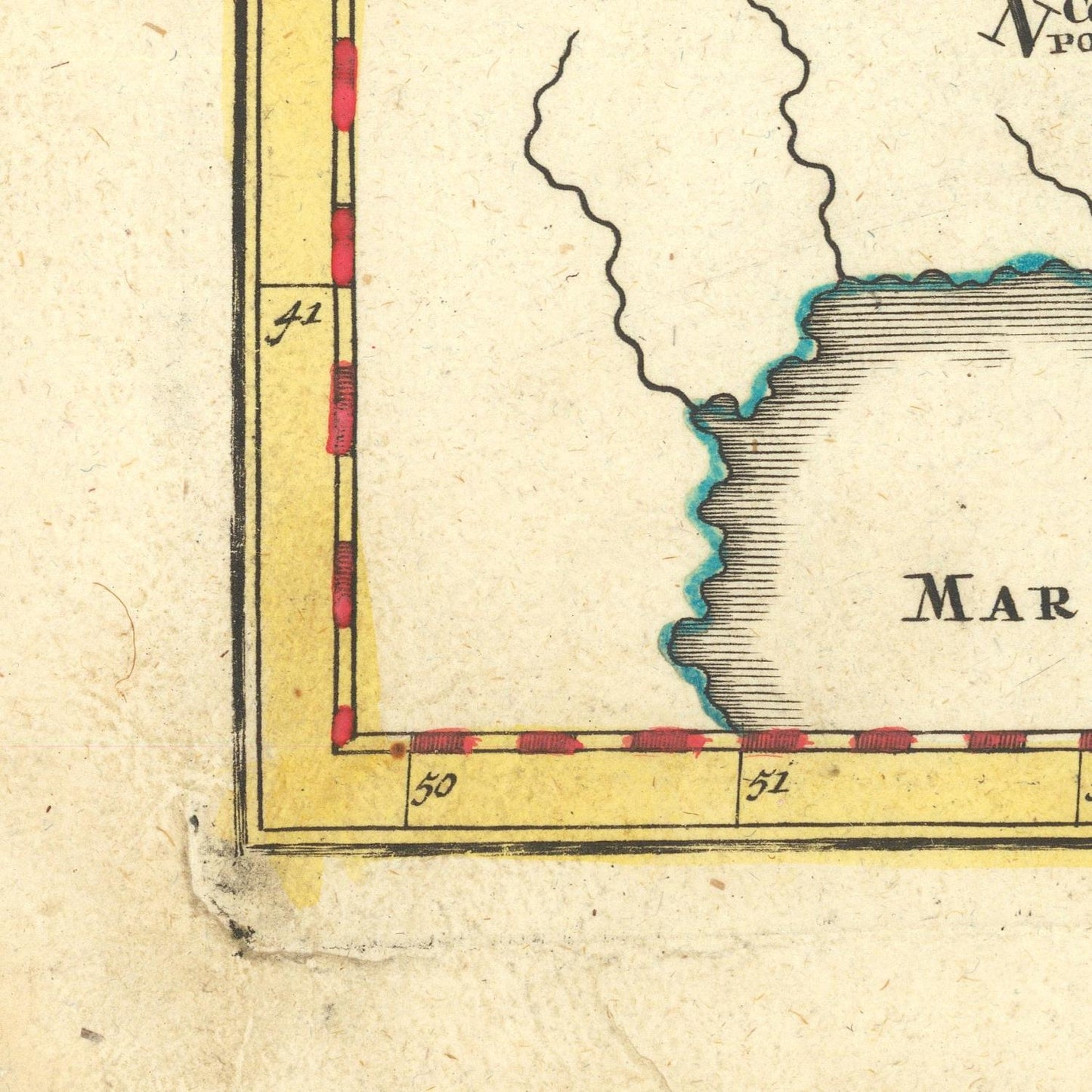Corner of an old map with labeled coordinates and color-coded boundaries.