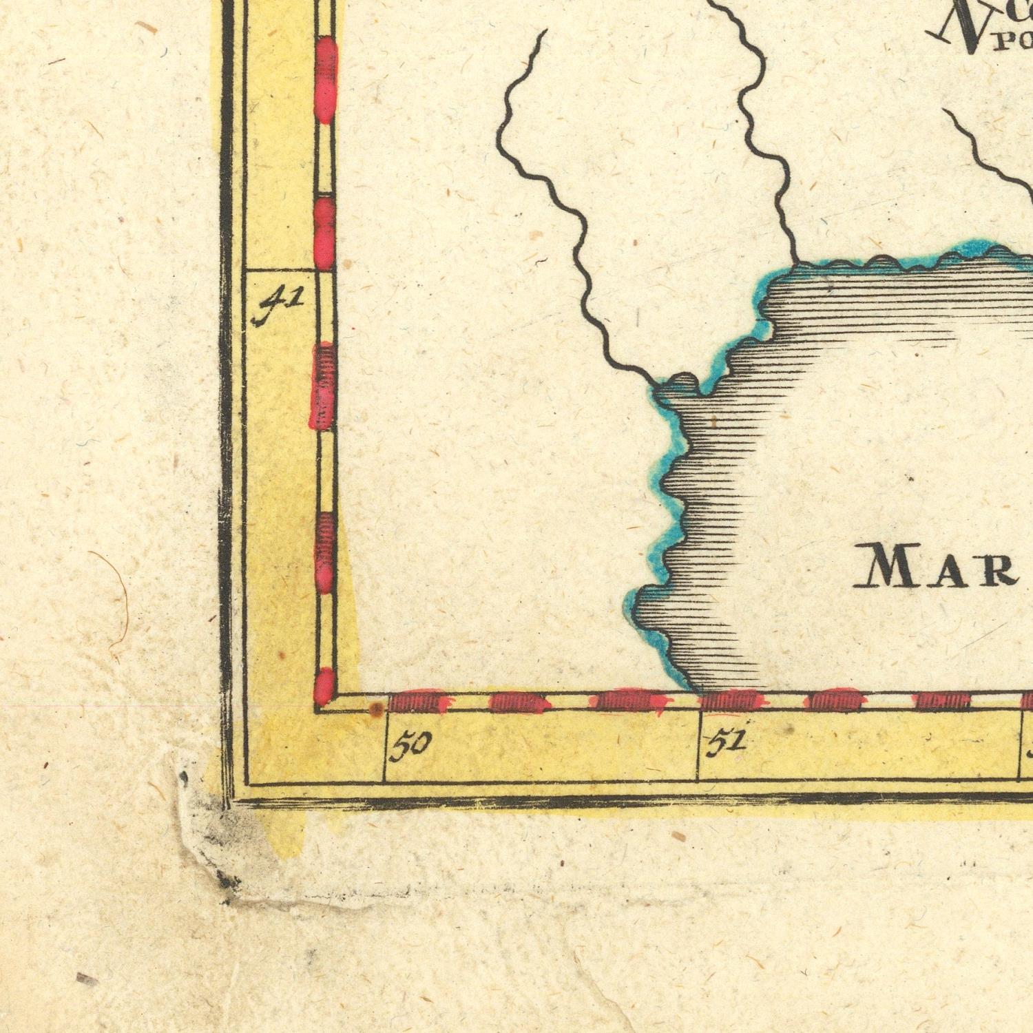 Corner of an old map with labeled coordinates and color-coded boundaries.