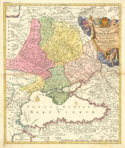 Vintage map of Russia and Ukraine with colorful regions and decorative elements.