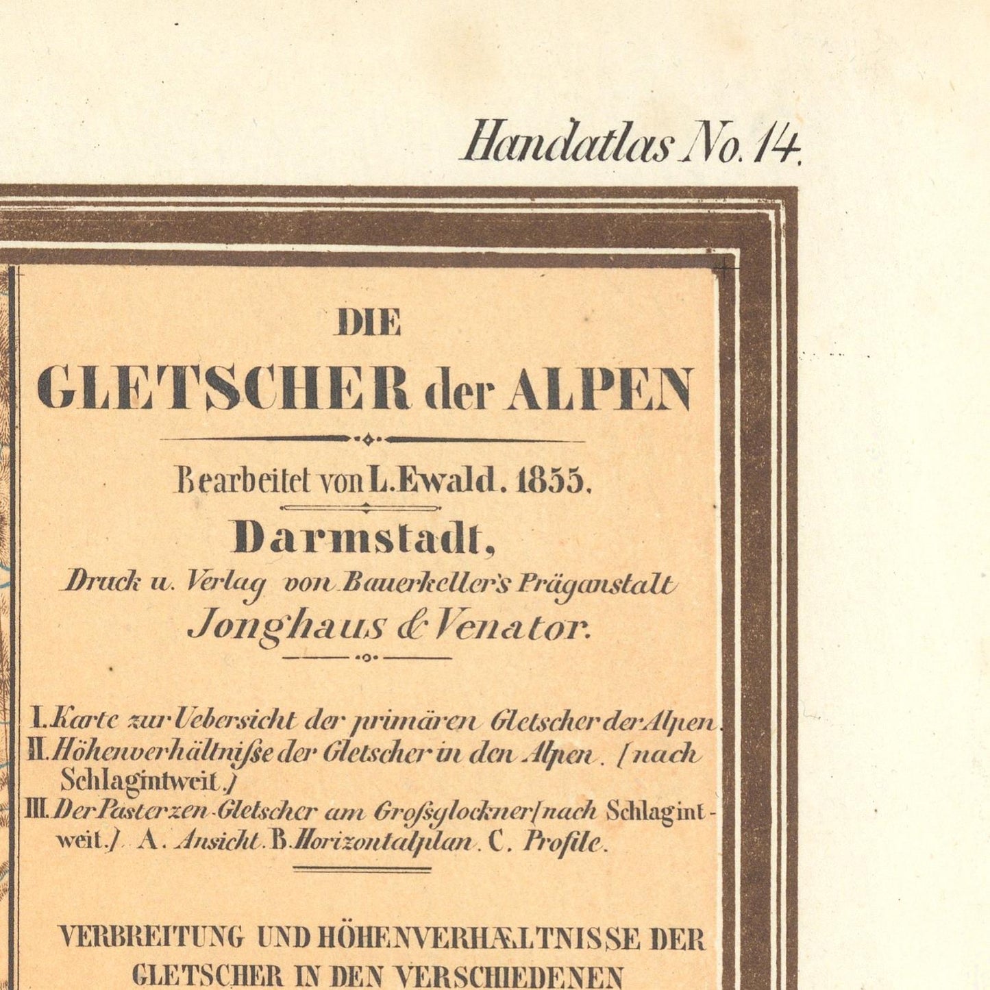 Title page of a book or atlas titled 'Die Gletscher der Alpen' with text and decorative elements.