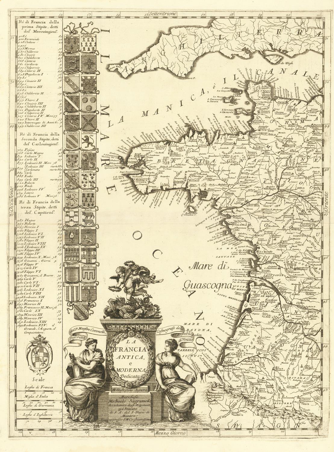 Antique double map of France, 1690