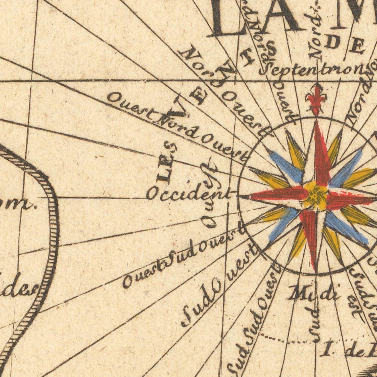 Vintage map detail with a compass rose and directional text.
