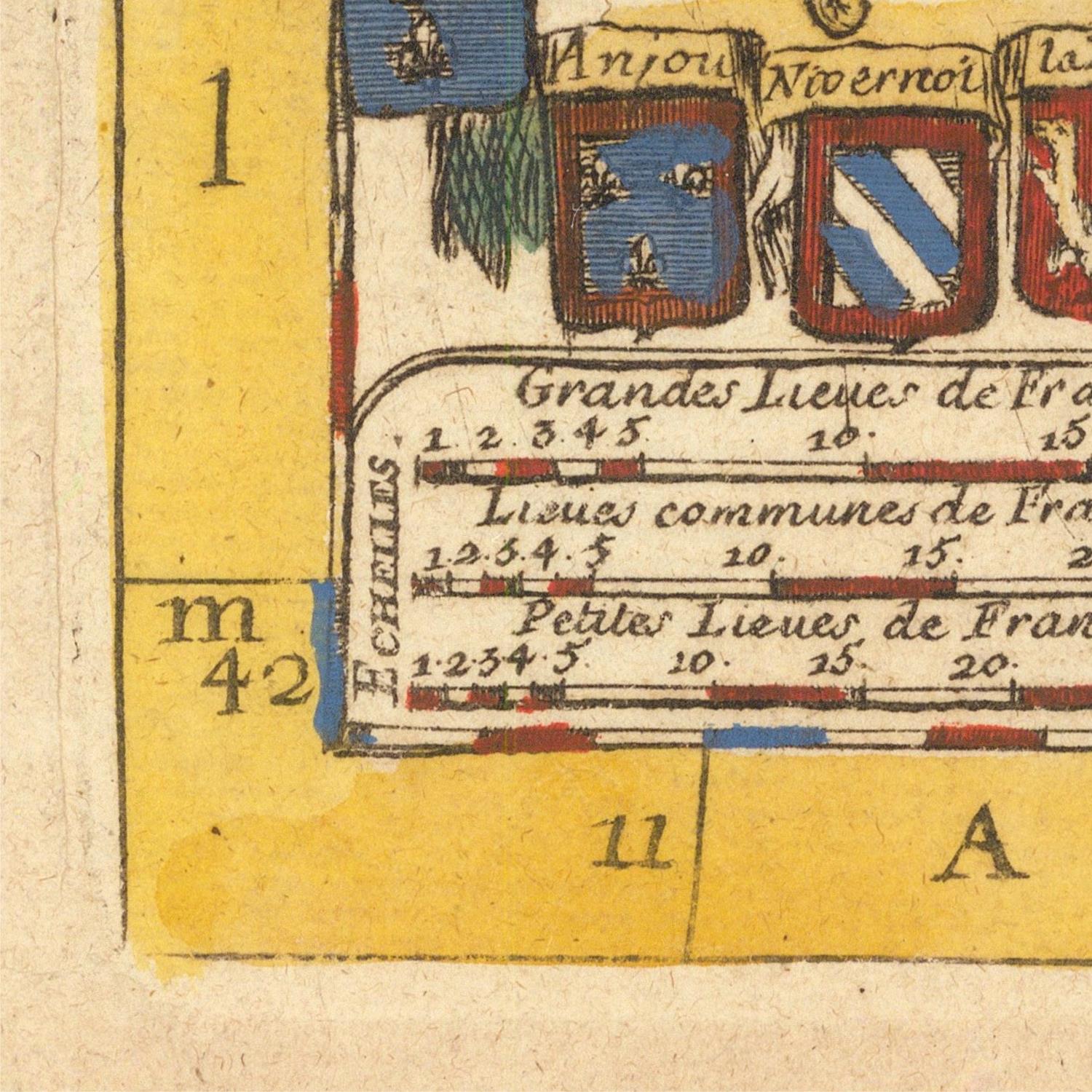Close-up of a historical map with coat of arms and measurements on a yellow background