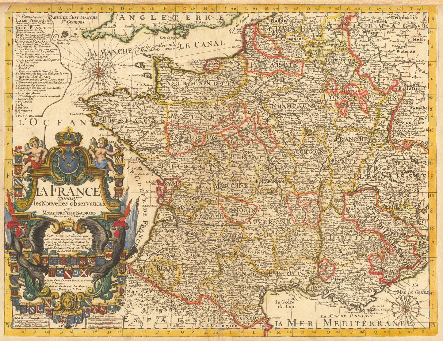 Vintage map of France with decorative elements and cartouches