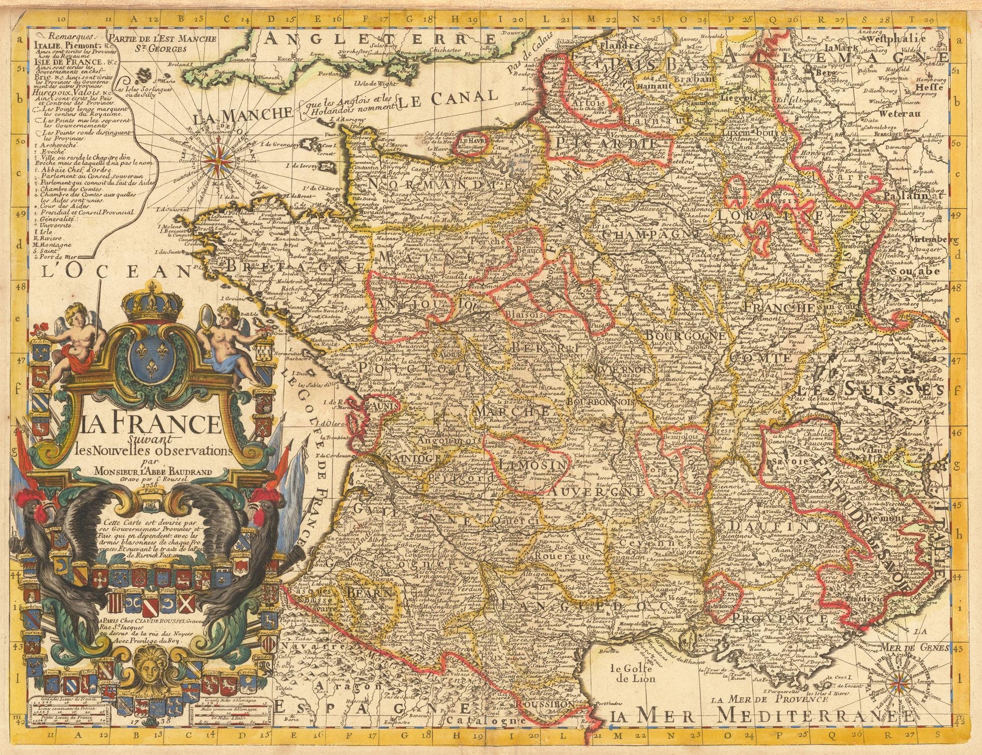 Vintage map of France with decorative elements and cartouches