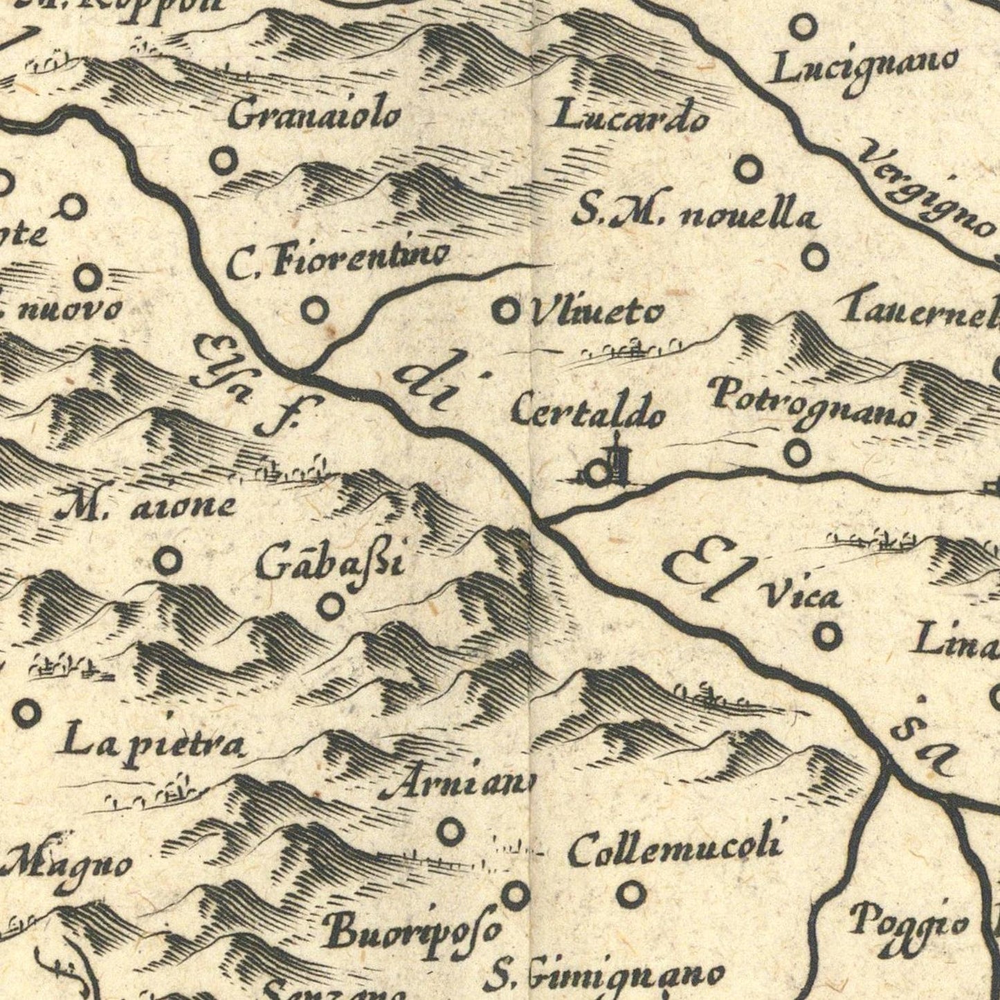 Vintage map with topographic details and labeled places