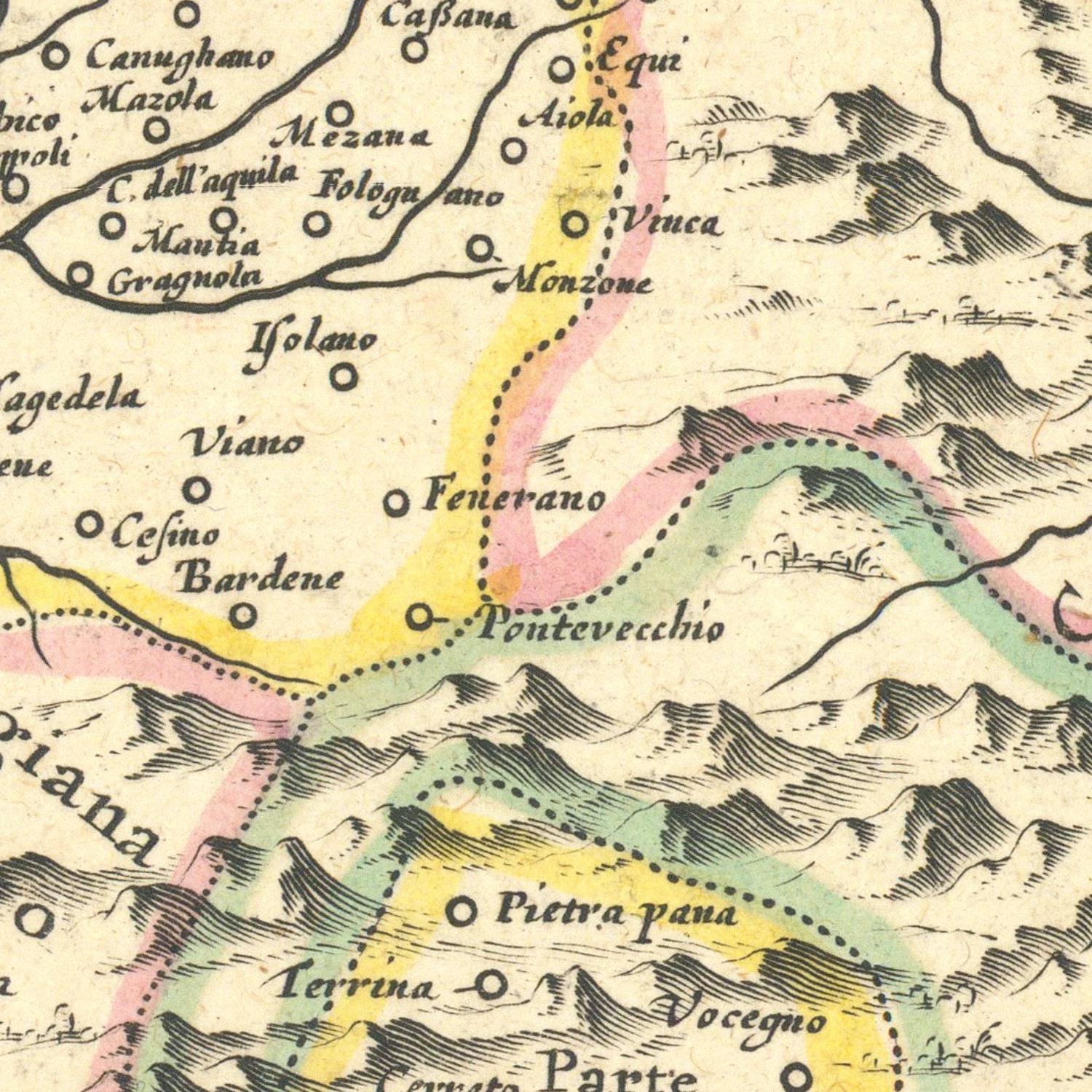 Vintage map with topographic details and labeled places