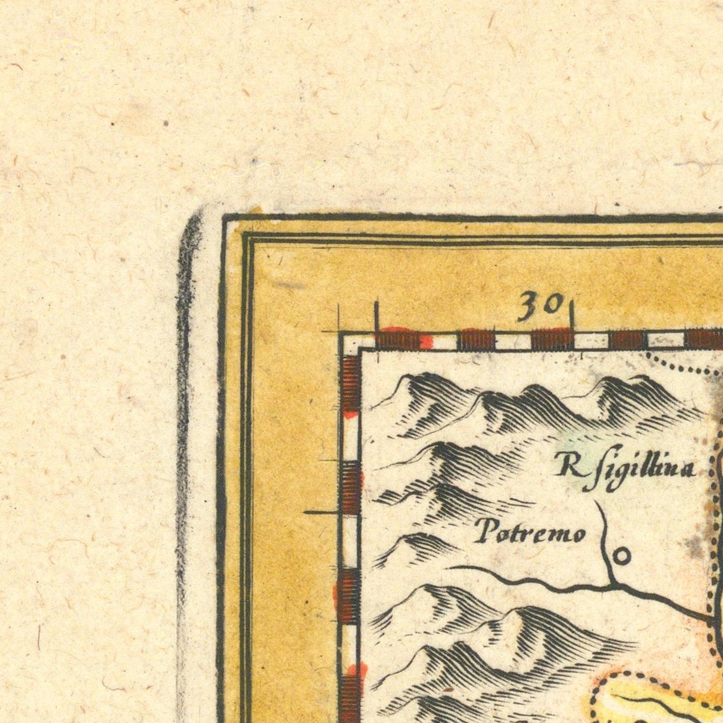 Vintage map corner with mountainous region labeled 'R. Sigillina Potremo' on a beige background.