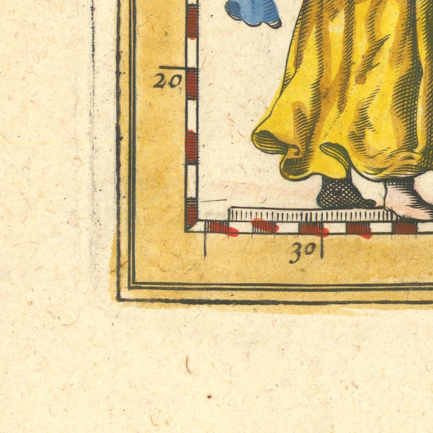 Vintage illustration of a person in a yellow coat with measurement markings on a textured beige background