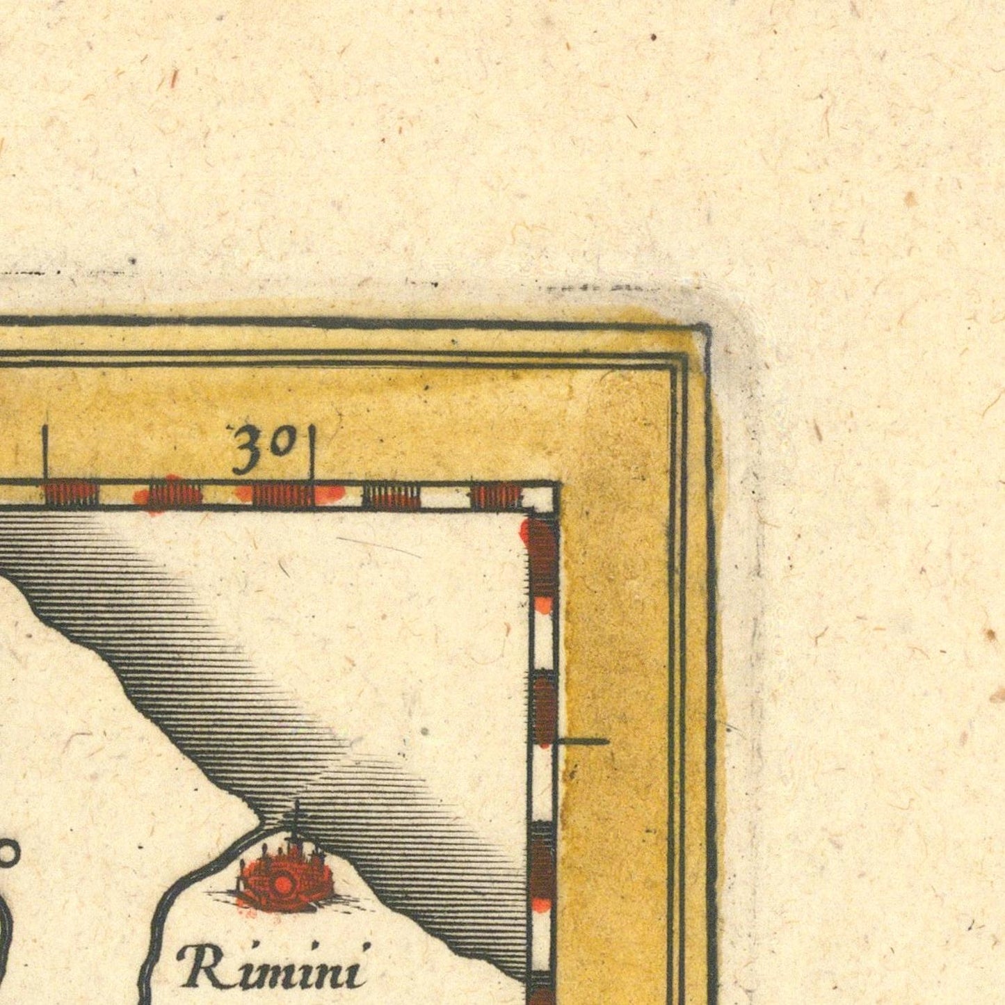Vintage map detail with 'Rimini' labeled on a beige background