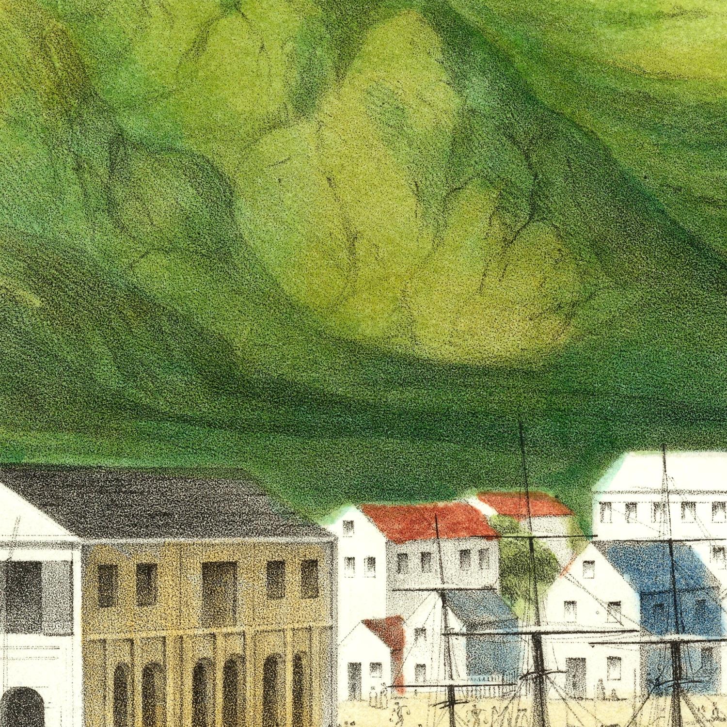 Vintage-style illustration of a coastal town with buildings and a mountain in the background