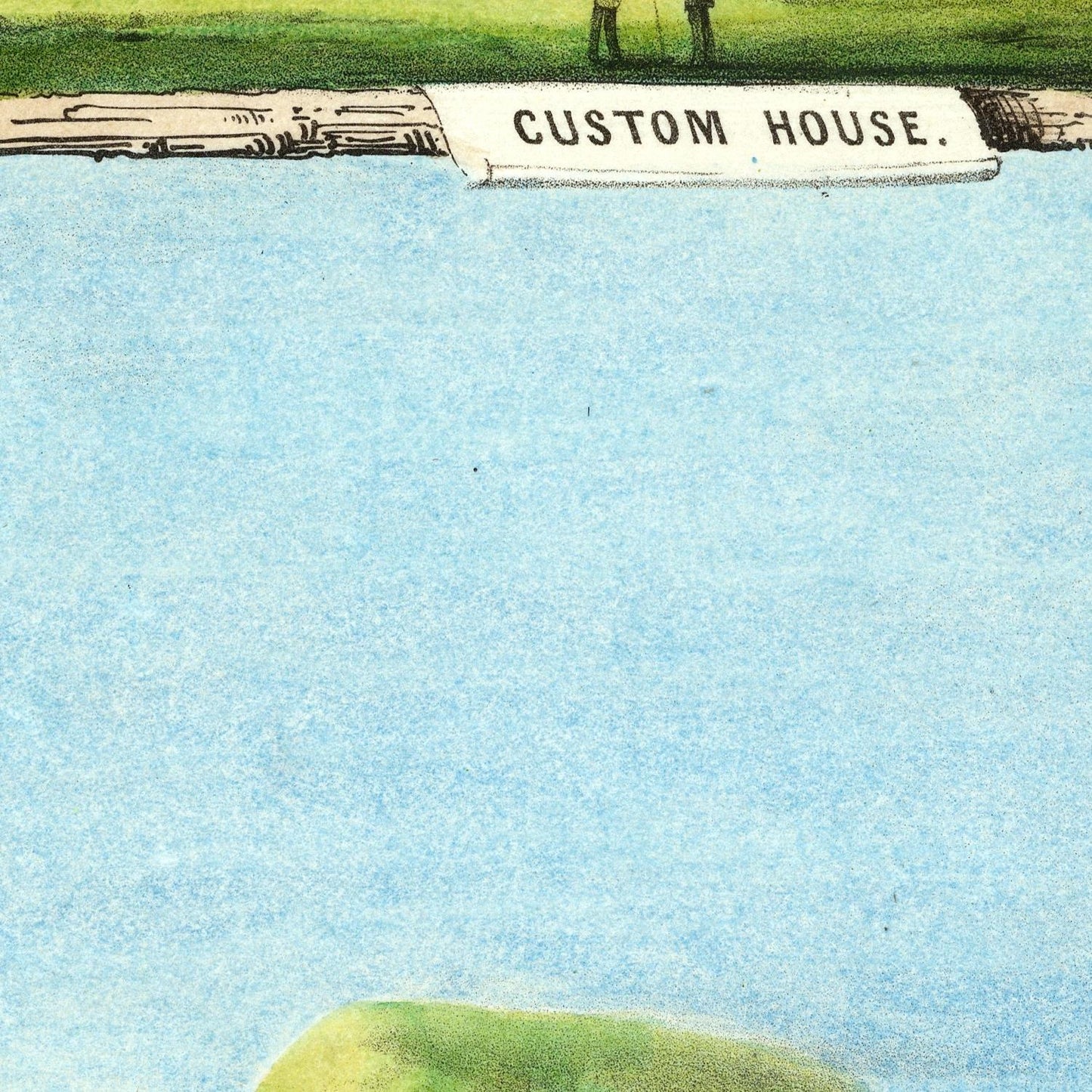 Vintage illustration of a dock with 'Custom House' sign and people in the distance.