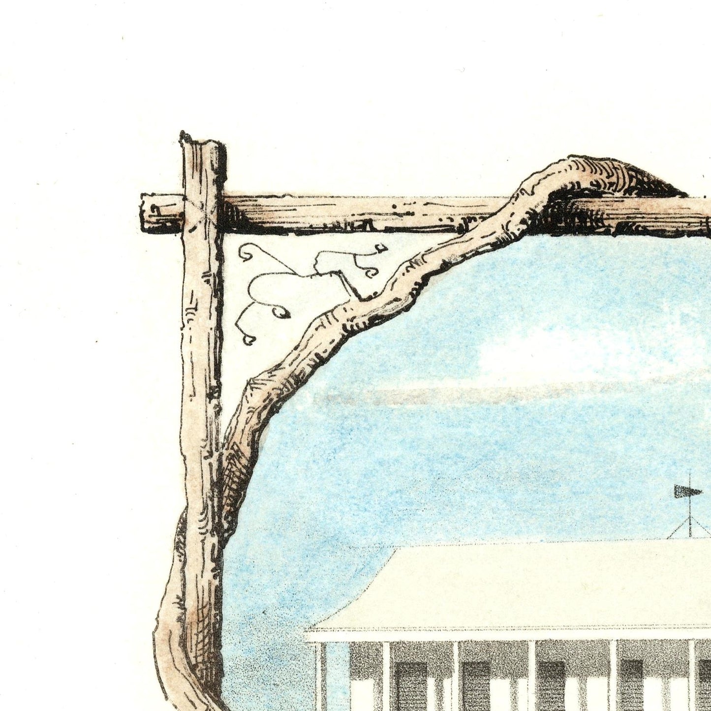Decorative corner design with a wooden frame and architectural elements.