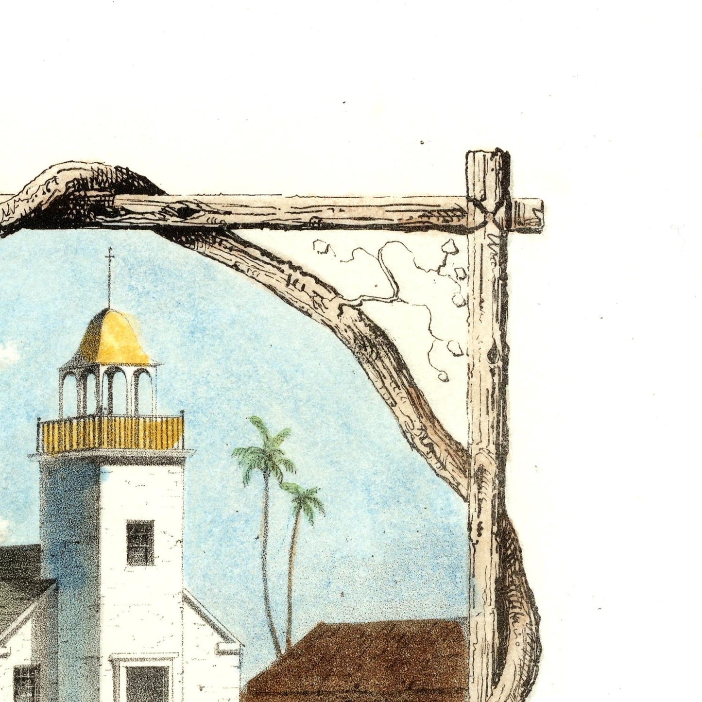 Illustration of a lighthouse with palm trees and a wooden beam in the foreground.