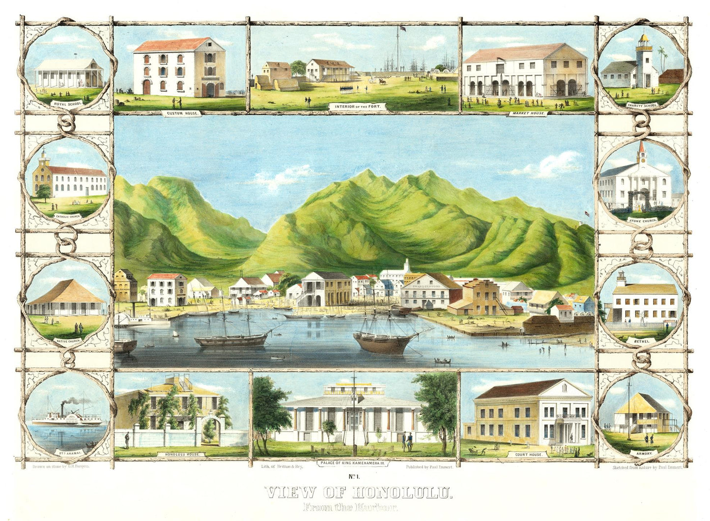 Vintage illustration of a coastal town with mountains in the background