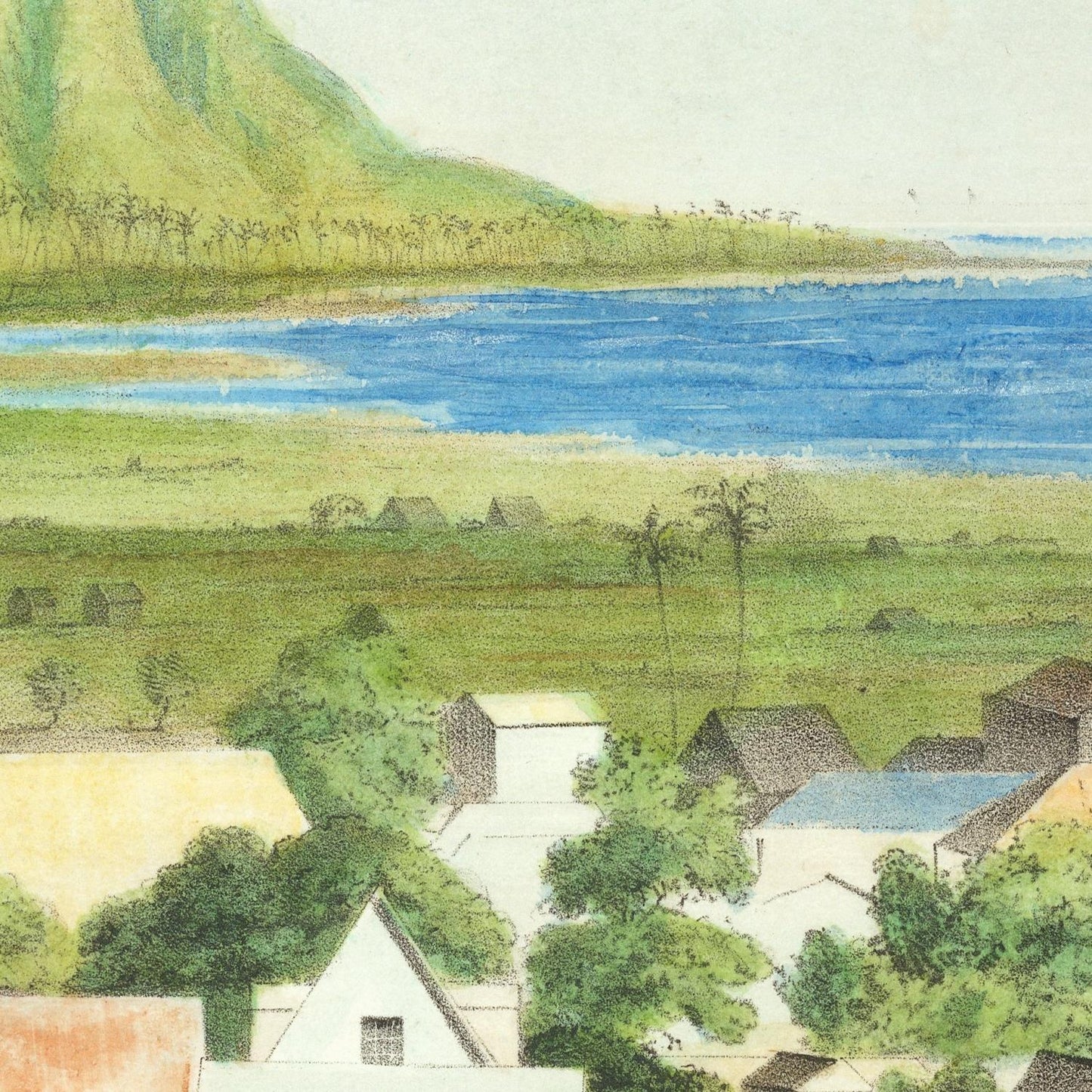 Vintage-style illustration of a coastal landscape with houses and a body of water.