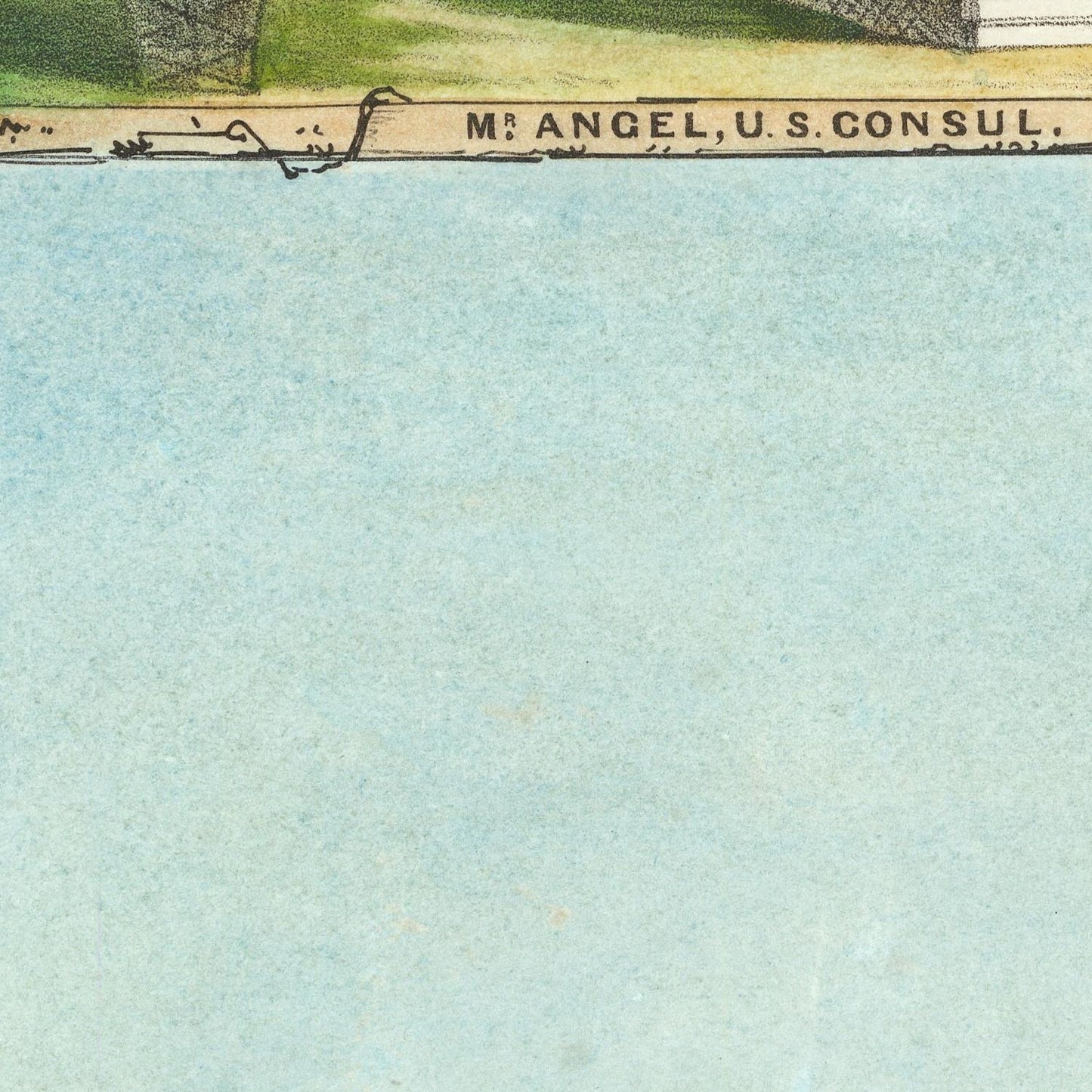 Map with 'M. Angel, U.S. Consul' label on a textured blue background