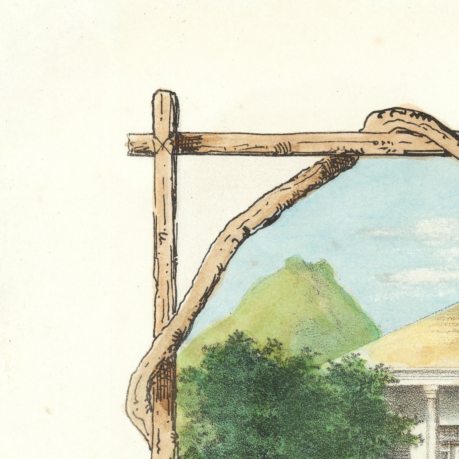 Wooden frame with a scenic view of a house and greenery.