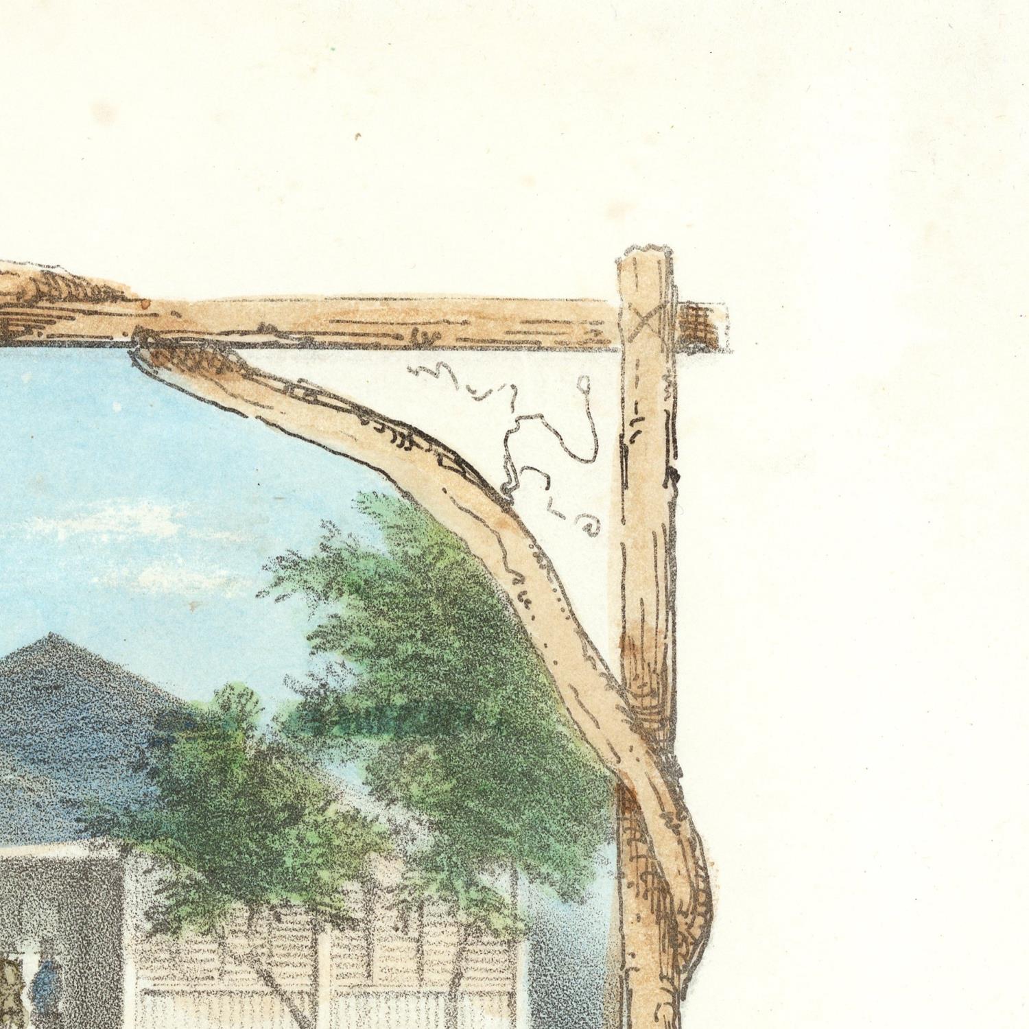 Wooden gate with a house and trees in the background