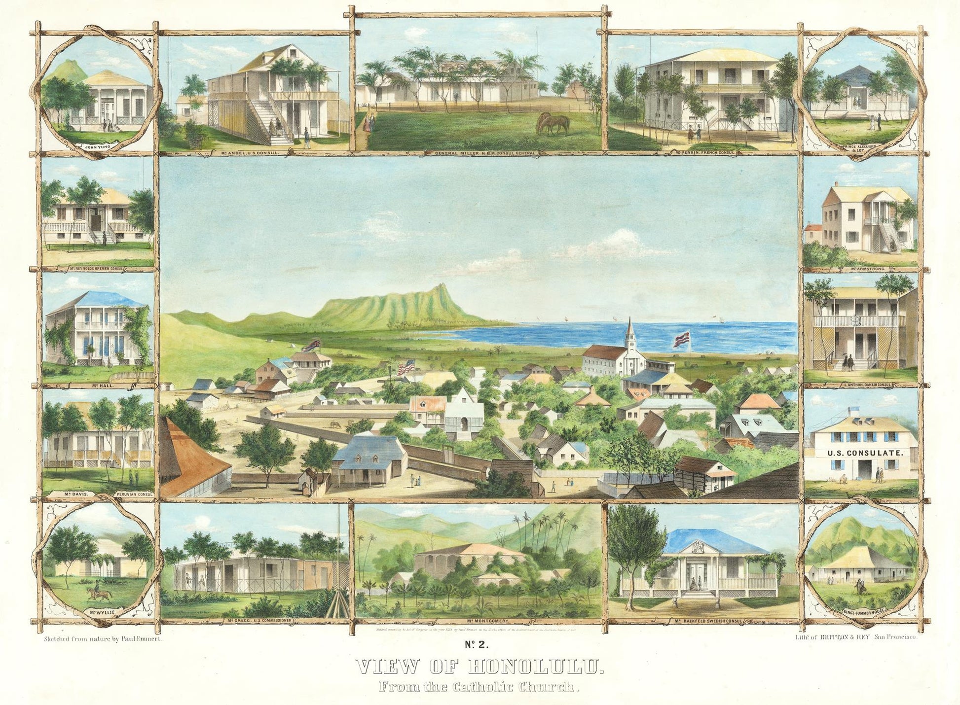Collage of views of Honolulu from a Catholic church, featuring buildings and landscapes.