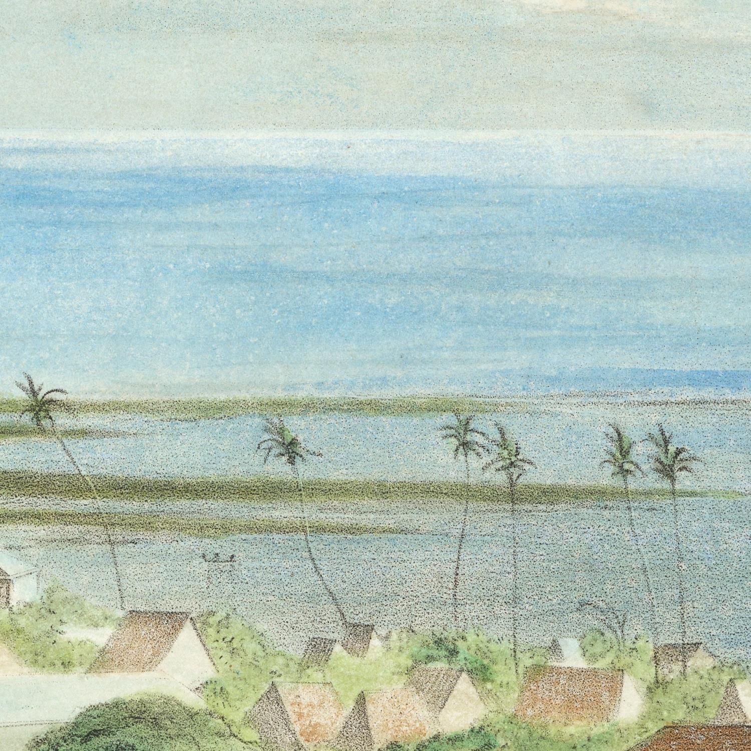 Tropical beach scene with palm trees and houses near the water.