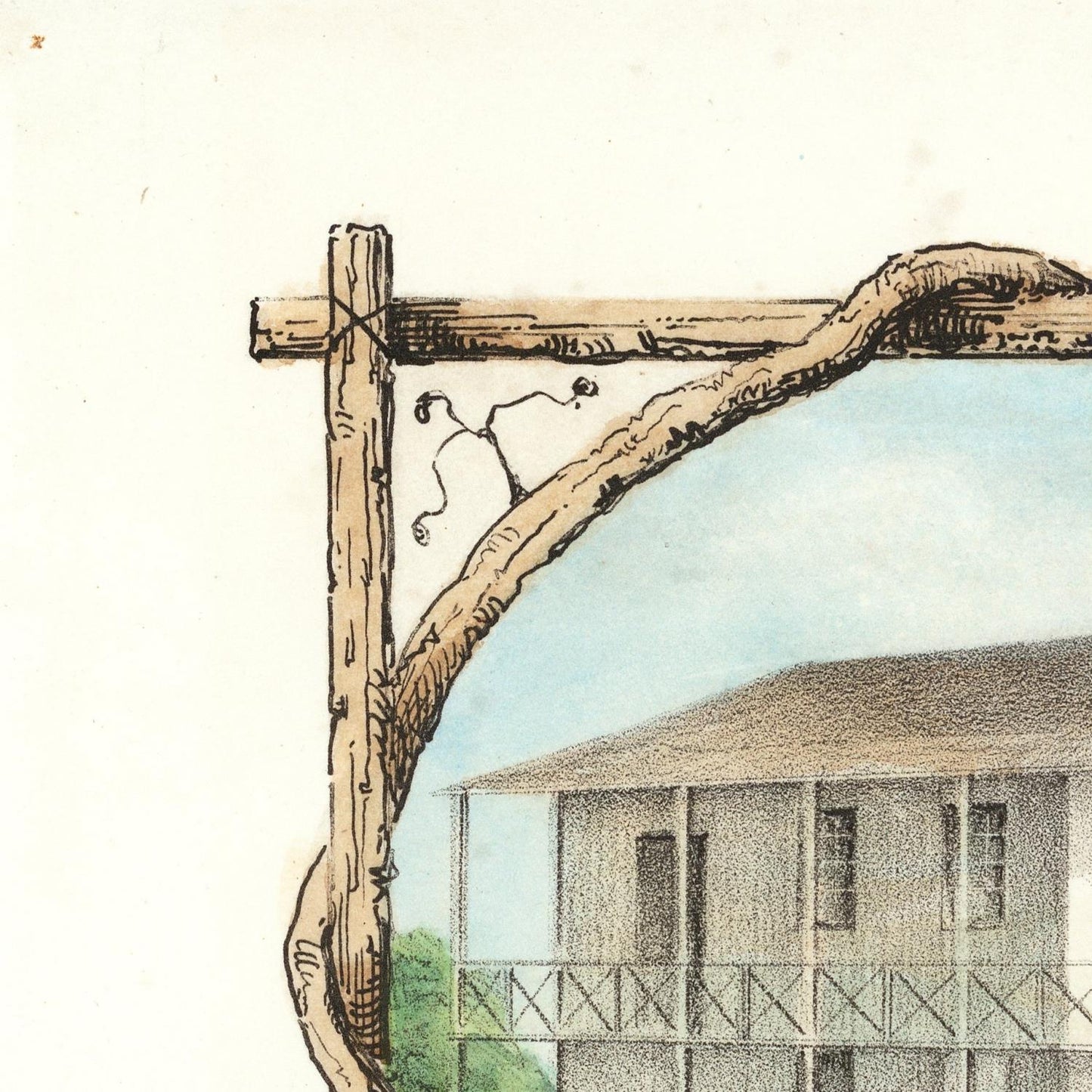 Illustration of a wooden signpost with a house in the background