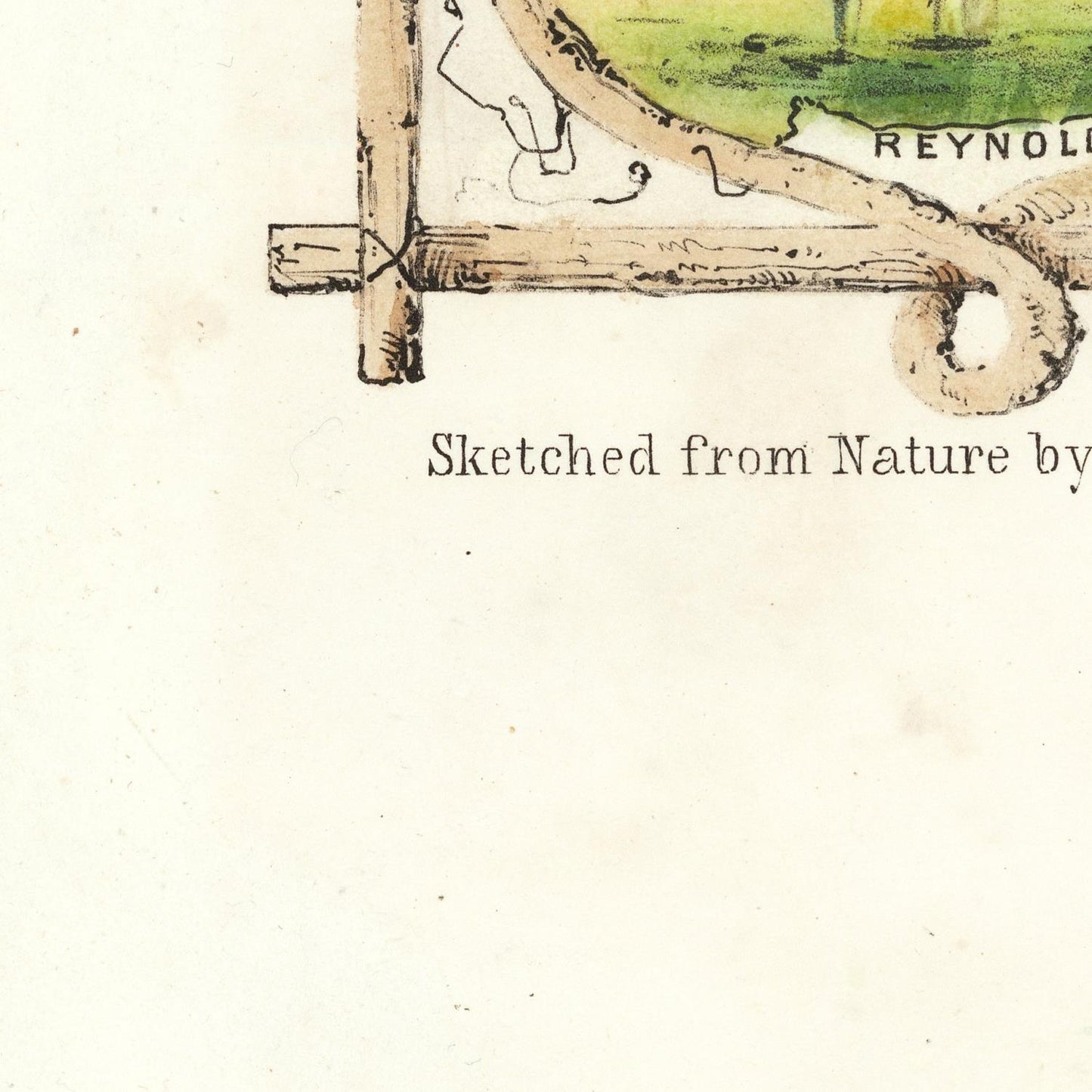 Cartoonish drawing of a person on a seesaw with text 'Sketched from Nature by' at the bottom.
