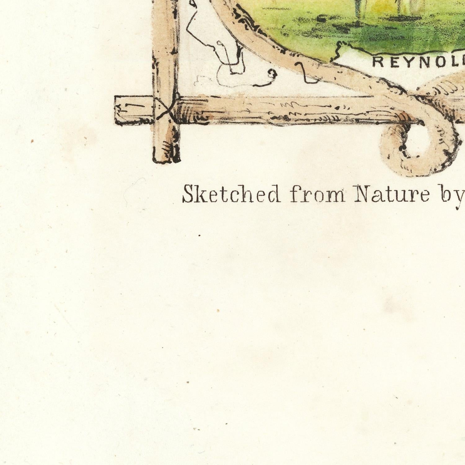 Cartoonish drawing of a person on a seesaw with text 'Sketched from Nature by' at the bottom.