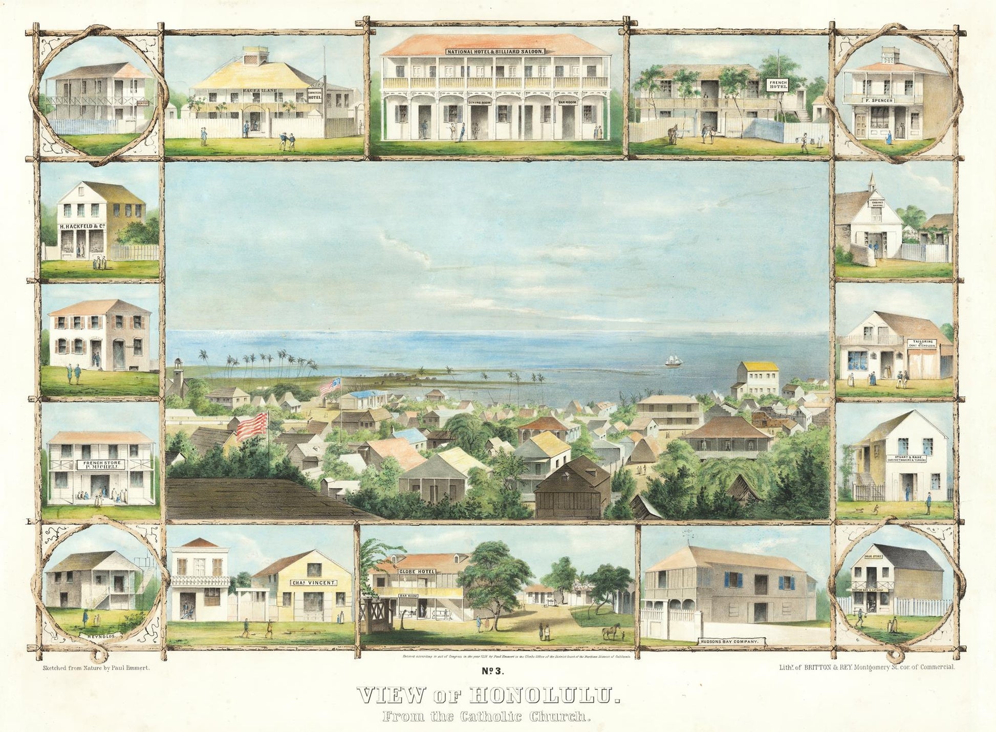 Vintage illustration of Honolulu with various buildings and a scenic view.