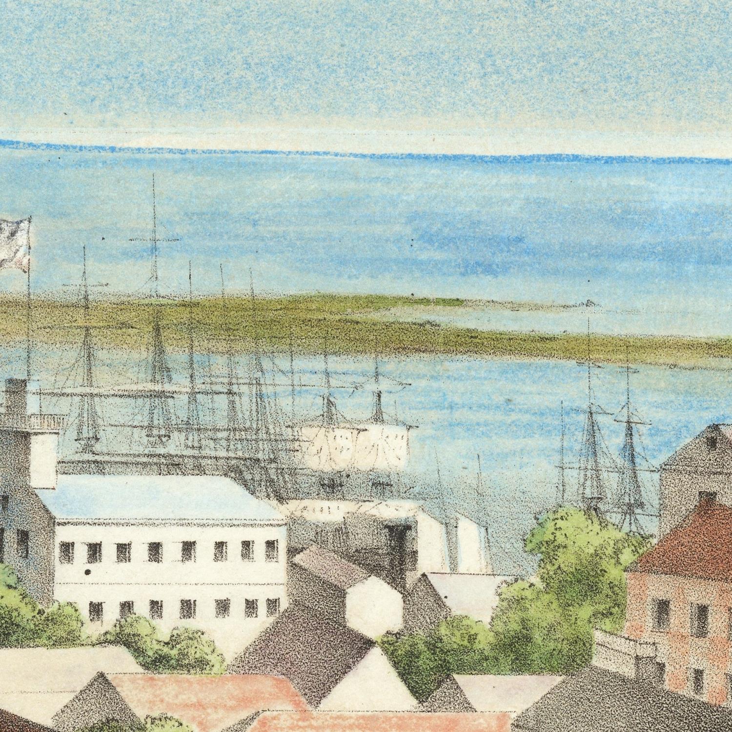 Vintage illustration of a harbor scene with ships and buildings.