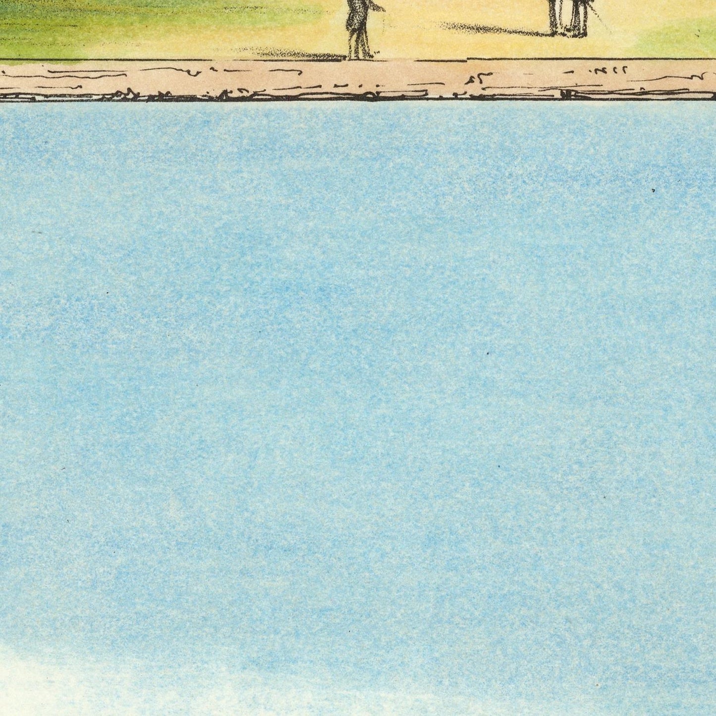 Artistic depiction of a beach scene with people on a wooden pier.