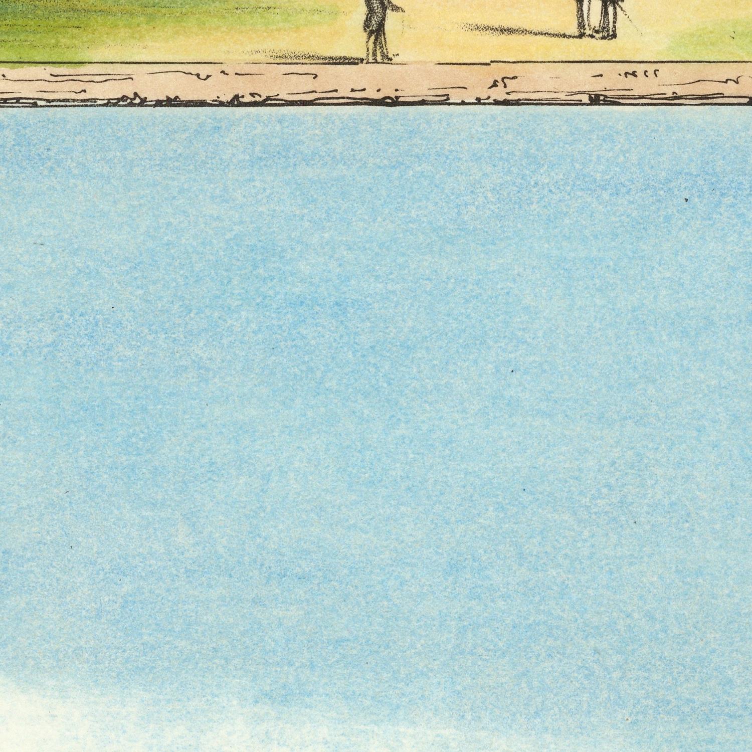 Artistic depiction of a beach scene with people on a wooden pier.