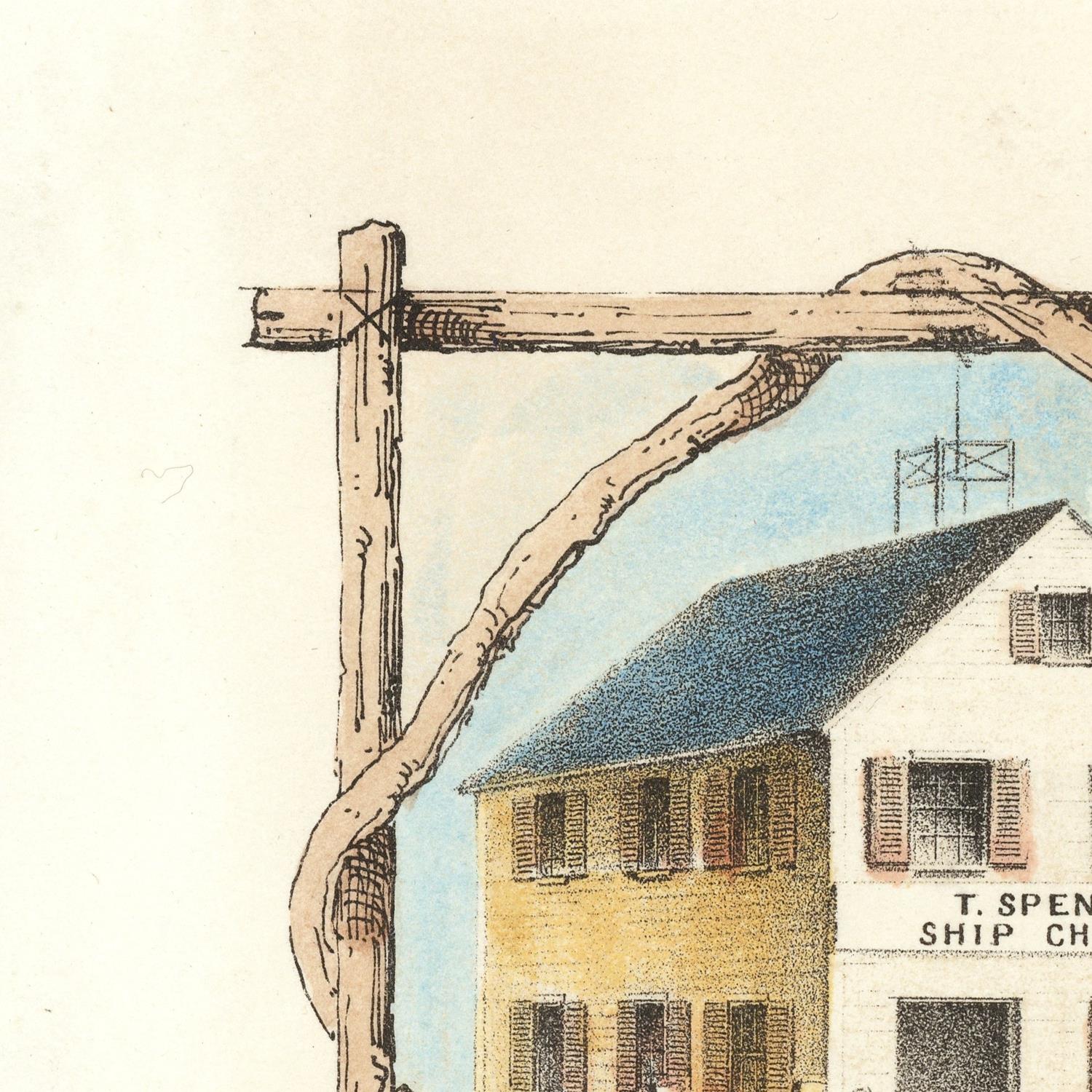 Vintage illustration of a building with a wooden signpost in front