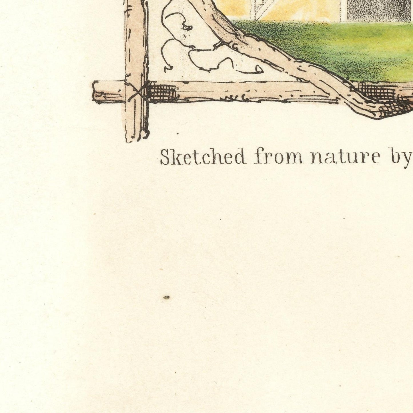 Hand-drawn illustration of a landscape with a small figure, labeled 'Sketched from nature by'.
