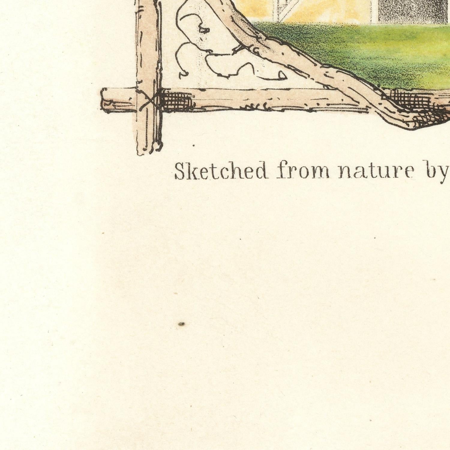 Hand-drawn illustration of a landscape with a small figure, labeled 'Sketched from nature by'.