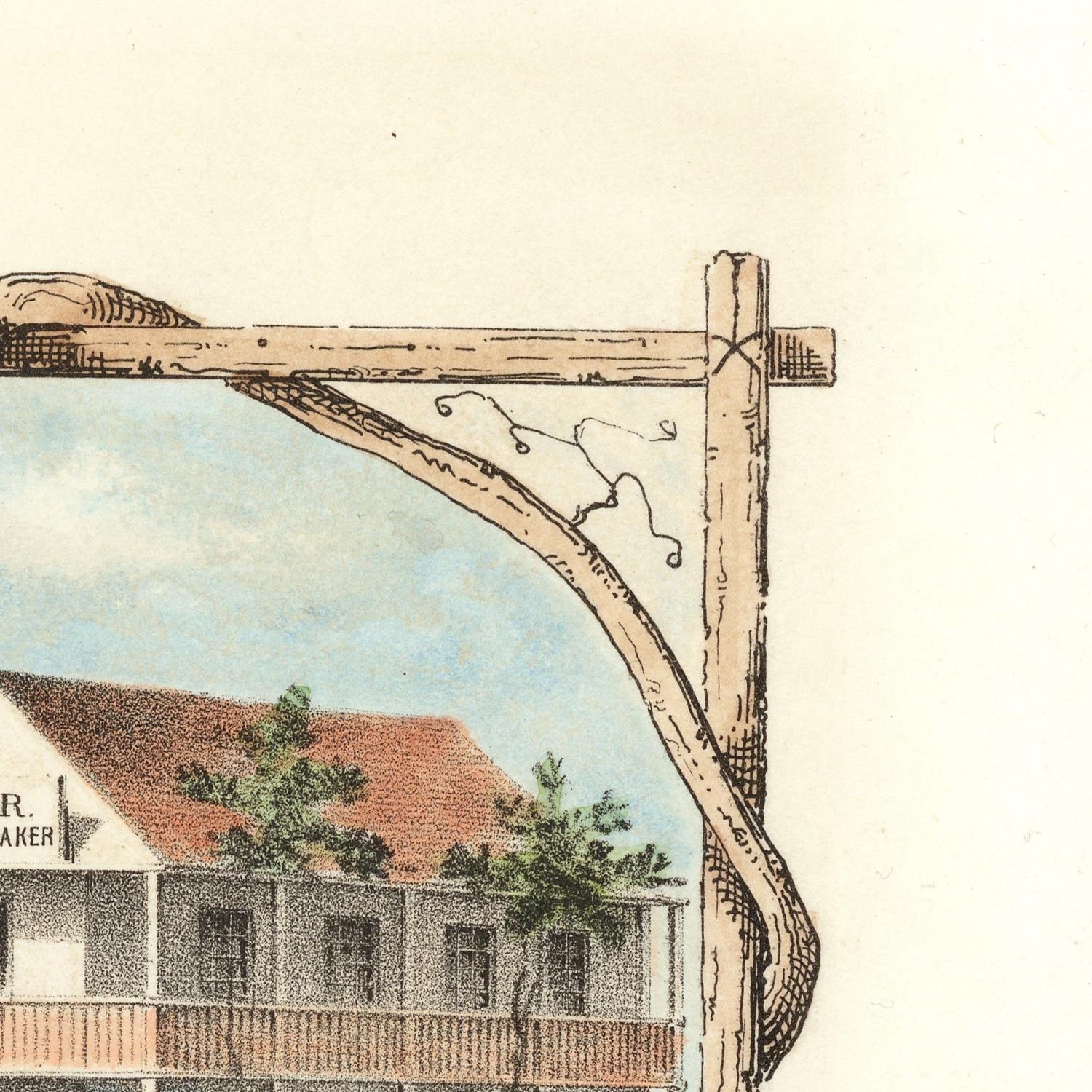 Vintage illustration of a wooden signpost with a building in the background