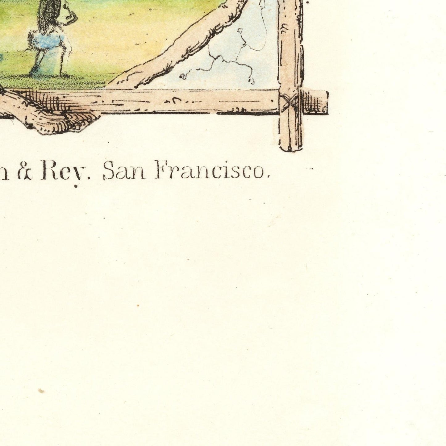 Vintage illustration of a person standing next to a wooden frame with text 'San Francisco' on a light background
