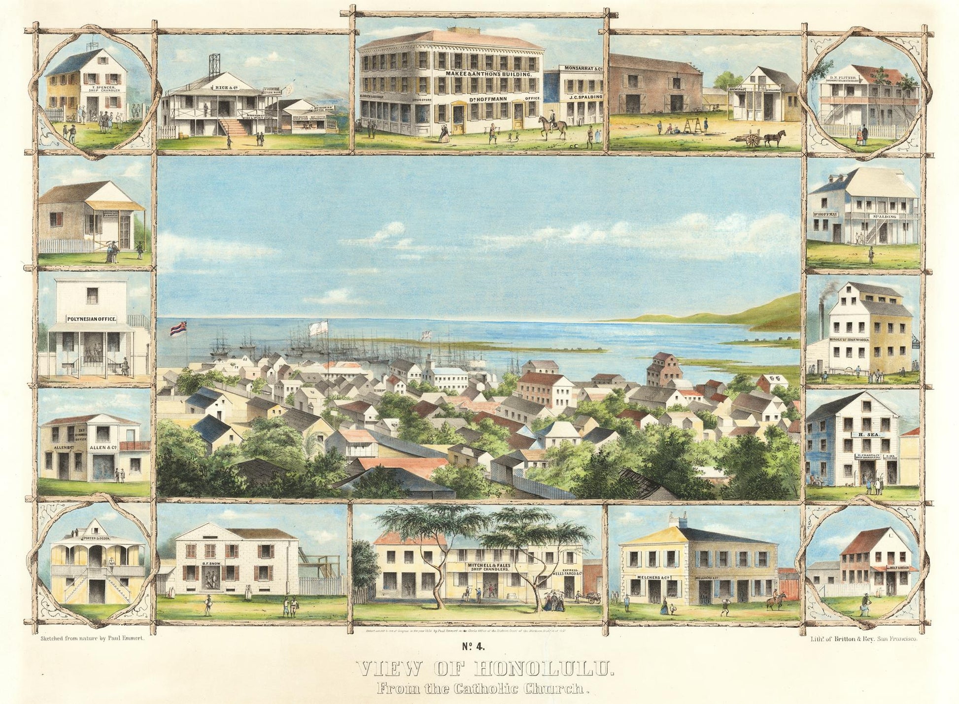 Vintage-style illustration of Honolulu with buildings and a pier.