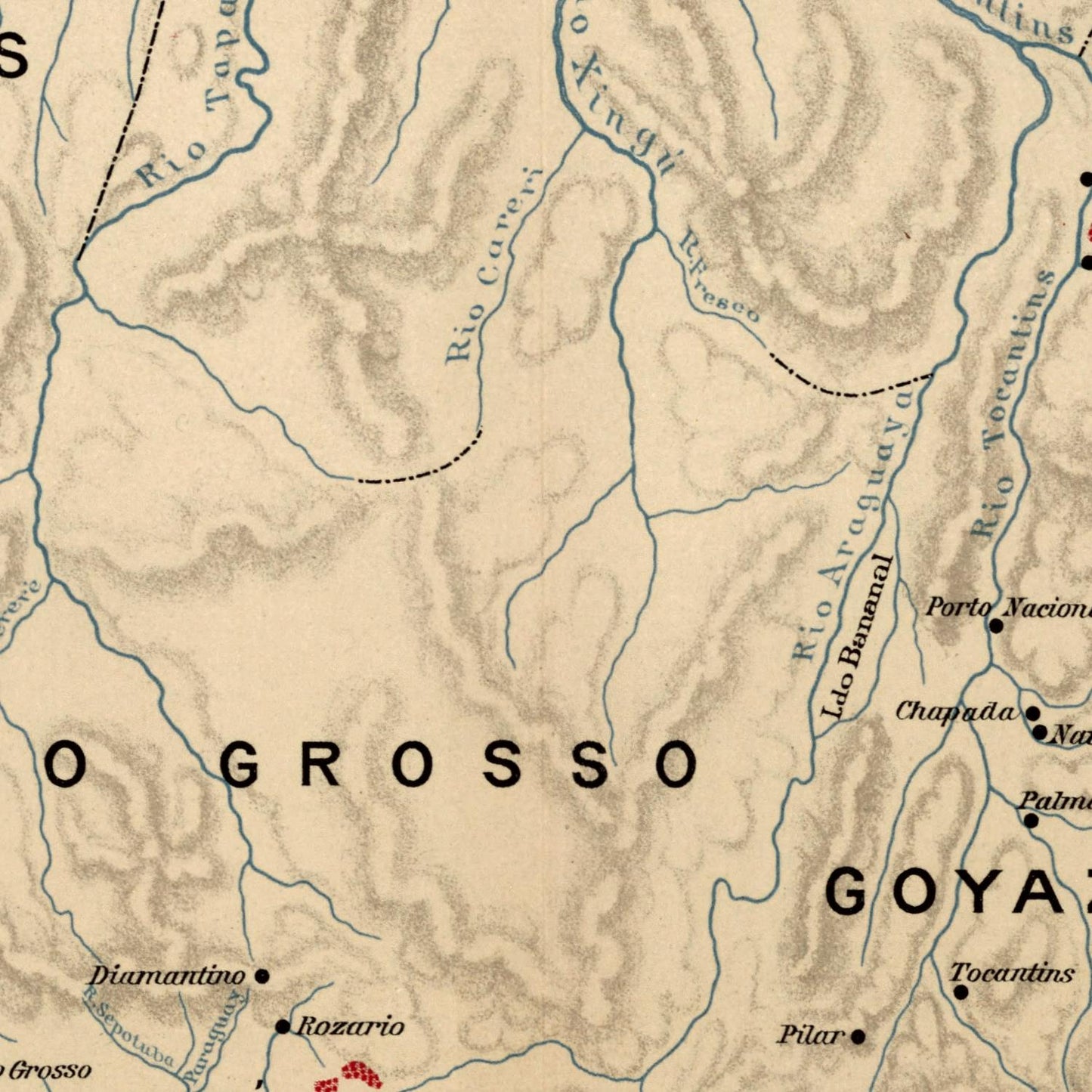 Map of a region labeled 'O Grosso' with various geographical features and names.