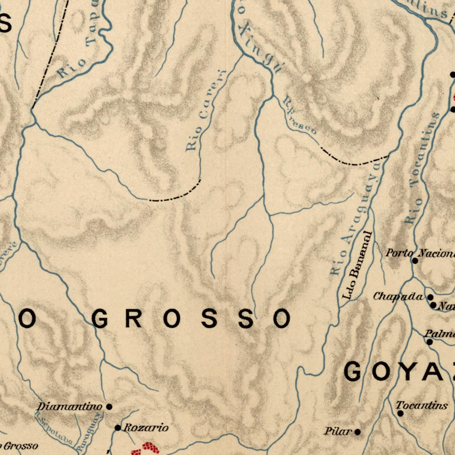 Map of a region labeled 'O Grosso' with various geographical features and names.