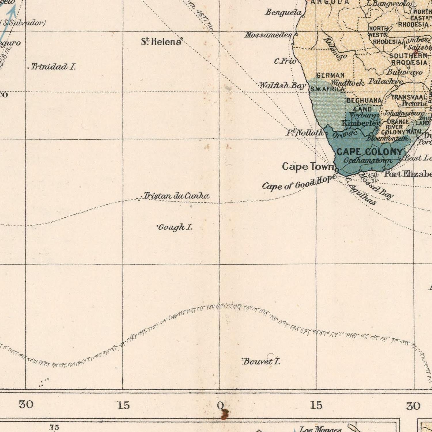 Vintage map of Cape Colony with labeled regions and coordinates