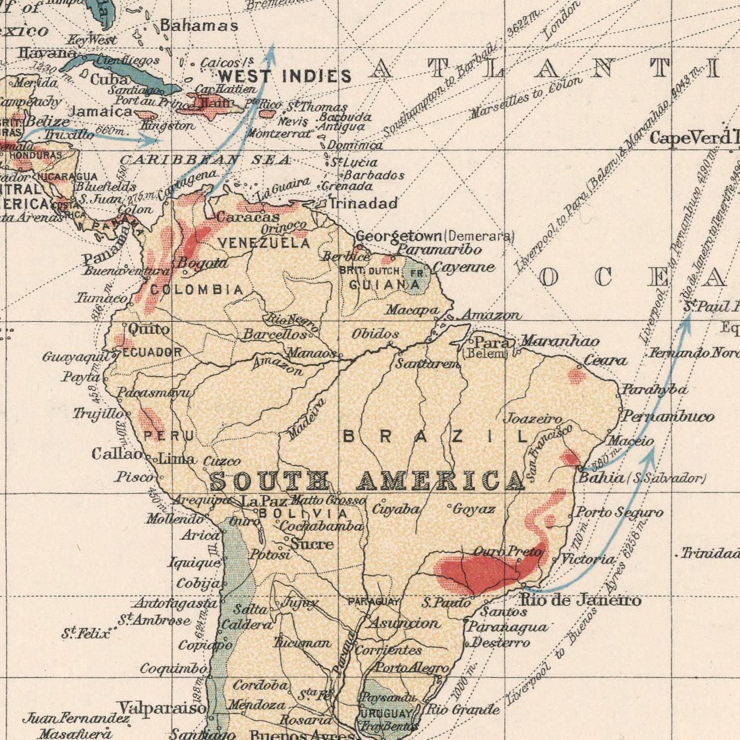 Map of South America and the West Indies with labeled cities and geographical features.